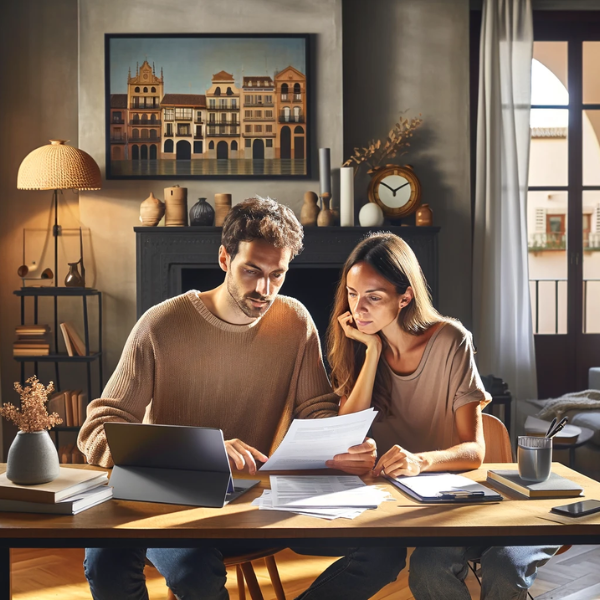 Una pareja joven, de alrededor de 33 años, está en el salón de su hogar, iluminado por la luz natural que entra por una ventana grande. Están concentrados revisando papeles y una computadora portátil abierta sobre una mesa moderna, discutiendo sobre presupuestos y precios de un seguro de decesos. La decoración del salón incluye elementos culturales de Valencia, como una fotografía o pintura en la pared de un lugar emblemático de la ciudad, muebles contemporáneos y colores cálidos.