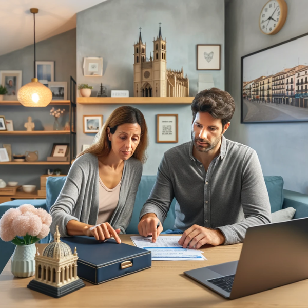 Una pareja de 33 años en el salón de su casa, revisando presupuestos y precios de seguros funerarios. Están sentados ante una mesa con papeles y un ordenador portátil. La habitación tiene elementos que sugieren que viven en Valladolid, España, como una pequeña réplica de la Catedral de Valladolid en una estantería y una foto de la Plaza Mayor en la pared. La habitación está bien iluminada pero no es excesivamente luminosa, ya que entra luz natural por una ventana. La decoración es moderna y acogedora.