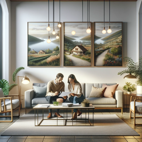 Una pareja de 33 años sentada en el salón de su casa, revisando papeles y documentos sobre el seguro de decesos. El salón tiene una decoración moderna con sofás cómodos y una mesa de centro. En las paredes hay cuadros que representan paisajes típicos de Vizcaya, como colinas verdes y el mar Cantábrico. La iluminación es natural y suave, proveniente de grandes ventanas que dan una sensación de amplitud y tranquilidad. El ambiente es acogedor y no muy oscuro, con detalles que sugieren un estilo de vida contemporáneo.