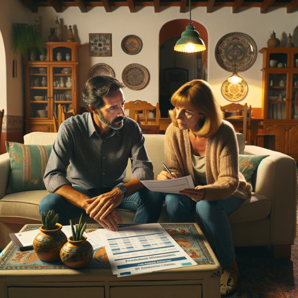 Una pareja de mediana edad, unos 33 años, sentada en el salón de su casa. Están revisando documentos y precios de un seguro de decesos. La habitación está decorada en un estilo típico de Zamora, España, con elementos como cerámica tradicional, una gama de colores cálidos y muebles de madera. La escena está bien iluminada pero no demasiado, lo que crea un ambiente acogedor e íntimo. La pareja parece concentrada y enfrascada en una conversación sobre los documentos. La imagen es horizontal y da la impresión de una vida hogareña tranquila y organizada.