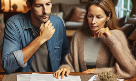 Un matrimonio, de unos 35 años, sentado a la mesa del salón de su casa. Están revisando atentamente las ofertas de seguros de decesos, representadas a través de folletos y documentos extendidos sobre la mesa. El hombre y la mujer tienen una expresión pensativa y concentrada. El hombre está vestido de manera informal, quizás con una camisa cómoda, mientras que la mujer lleva un atuendo informal y acogedor, adecuado para un ambiente relajado en casa. El salón está cálidamente iluminado, en un ambiente hogareño, con muebles mullidos y una decoración interior de buen gusto que sugiere un hogar confortable de clase media.