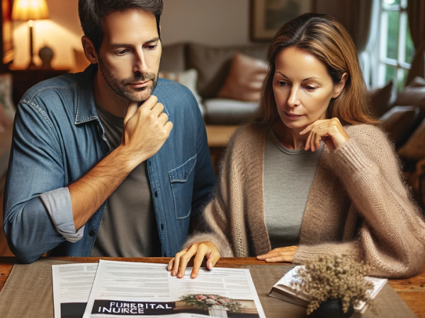 Un matrimonio, de unos 35 años, sentado a la mesa del salón de su casa. Están revisando atentamente las ofertas de seguros de decesos, representadas a través de folletos y documentos extendidos sobre la mesa. El hombre y la mujer tienen una expresión pensativa y concentrada. El hombre está vestido de manera informal, quizás con una camisa cómoda, mientras que la mujer lleva un atuendo informal y acogedor, adecuado para un ambiente relajado en casa. El salón está cálidamente iluminado, en un ambiente hogareño, con muebles mullidos y una decoración interior de buen gusto que sugiere un hogar confortable de clase media.