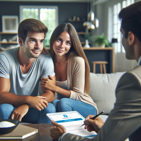 Imagen cuadrada de gran realismo que representa a una pareja joven y atractiva, de unos 38 años, sentada en el salón de su casa. Mantienen una conversación con un carismático agente de seguros que les presenta una oferta. La pareja parece interesada y atenta, reflejando un sentimiento de confianza y curiosidad. El salón está elegantemente diseñado, mostrando una mezcla de estética moderna y confortable. Asegúrese de que la escena incluya la URL "https://www.segurodedecesos.top/" integrada sutilmente en el entorno, quizá mostrada en la pantalla de una tableta digital o elegantemente enmarcada en la pared.