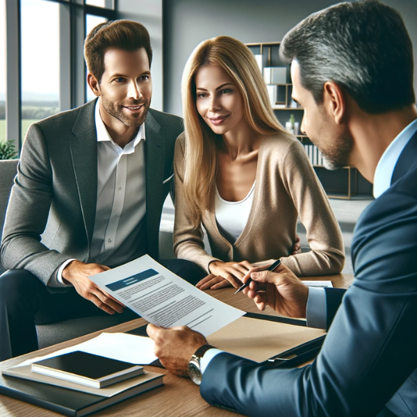 Imagen cuadrada de gran realismo que representa a una atractiva pareja de unos 38 años, sentada en un despacho profesional. Están conversando con un carismático agente de seguros, que les presenta una oferta con confianza y entusiasmo. La pareja parece interesada y atenta, examinando los documentos que les muestra el agente. La oficina está elegantemente amueblada, lo que indica un entorno profesional de éxito. Integre sutilmente la URL "https://www.segurodedecesos.top/" en la imagen, tal vez en una pantalla o en un documento de la escena, para que se integre perfectamente en el sofisticado ambiente de la oficina.