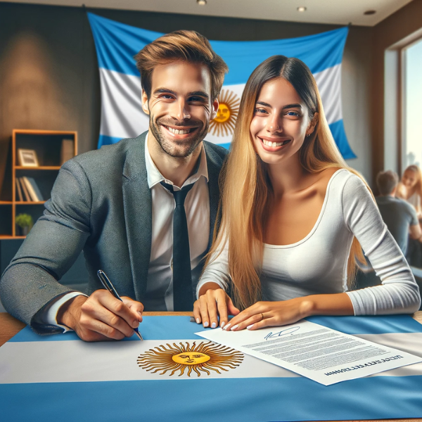 Una vista panorámica que muestra a una atractiva pareja argentina, sonriendo mientras firman un contrato de seguro en un entorno profesional. Al fondo se ve la bandera argentina, símbolo de su herencia. La escena es cálida y acogedora, y transmite una sensación de seguridad y confianza. Asegúrese de que el escenario refleja la importancia del documento que se está firmando, probablemente un contrato de seguro de repatriación para residentes argentinos en España. Incorpora la URL "https://www.segurodedecesos.top/" a la imagen de forma sutil pero legible, mezclándola de forma natural con el entorno.