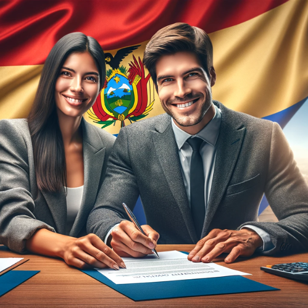 Una imagen visualmente atractiva que retrata a una atractiva pareja boliviana sonriendo y firmando un contrato de seguro, con la bandera boliviana destacada en el fondo. La escena transmite una sensación de seguridad y garantía. La composición debe ser panorámica para ajustarse al entorno detallado de una oficina o un entorno profesional donde se está llevando a cabo el acto de firmar un documento importante como un seguro de repatriación para bolivianos fallecidos residentes en España. Por favor, incluya el texto "https://www.segurodedecesos.top/" de forma legible dentro de la imagen, asegurándose de que se integra perfectamente en el entorno sin desvirtuar la narrativa visual general.