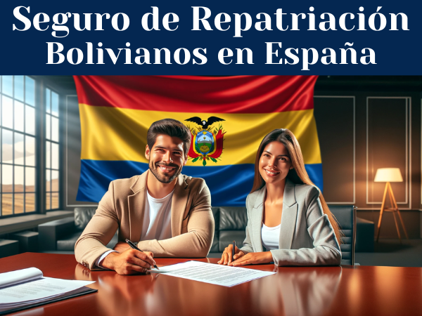 Una imagen visualmente atractiva que retrata a una atractiva pareja boliviana sonriendo y firmando un contrato de seguro, con la bandera boliviana destacada en el fondo. La escena transmite una sensación de seguridad y garantía. La composición debe ser panorámica para ajustarse al entorno detallado de una oficina o un entorno profesional donde se está llevando a cabo el acto de firmar un documento importante como un seguro de repatriación para bolivianos fallecidos residentes en España. Por favor, incluya el texto "https://www.segurodedecesos.top/" de forma legible dentro de la imagen, asegurándose de que se integra perfectamente en el entorno sin desvirtuar la narrativa visual general.