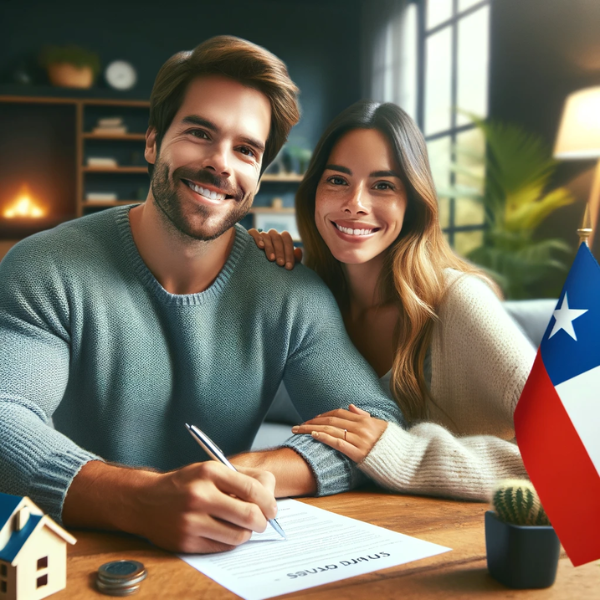 Crea una imagen cuadrada que represente a una atractiva pareja chilena, sonriendo mientras firman un contrato de seguros. El entorno es acogedor pero profesional, con la pareja sentada en un escritorio, lo que transmite la importancia del momento a la vez que mantiene un ambiente relajado. La bandera chilena se incluye sutilmente en el fondo o como parte de la decoración, destacando el origen cultural de la pareja. La imagen debe transmitir una sensación de seguridad y confianza. Incluya la URL 'https://www.segurodedecesos.top/' de forma discreta pero legible dentro de la imagen, asegurándose de que complementa el diseño general.