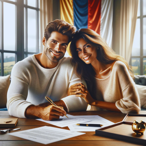 Acogedora escena protagonizada por una atractiva pareja colombiana, ambos sonrientes mientras firman un contrato de seguros. Están cómodamente sentados alrededor de una elegante mesa de madera adornada con documentos y elegantes bolígrafos. La habitación está llena de una suave luz natural que crea una atmósfera de serenidad y confianza. Detrás de ellos, una bandera colombiana se despliega artísticamente, añadiendo un toque de orgullo nacional al ambiente. La imagen transmite una sensación de bienestar y seguridad, y refleja a la perfección la importancia del seguro de repatriación para los colombianos que viven en el extranjero. La URL "https://www.segurodedecesos.top/" se incorpora sutilmente al diseño en la parte inferior, vinculando la escena al concepto de tranquilidad para los colombianos en España.