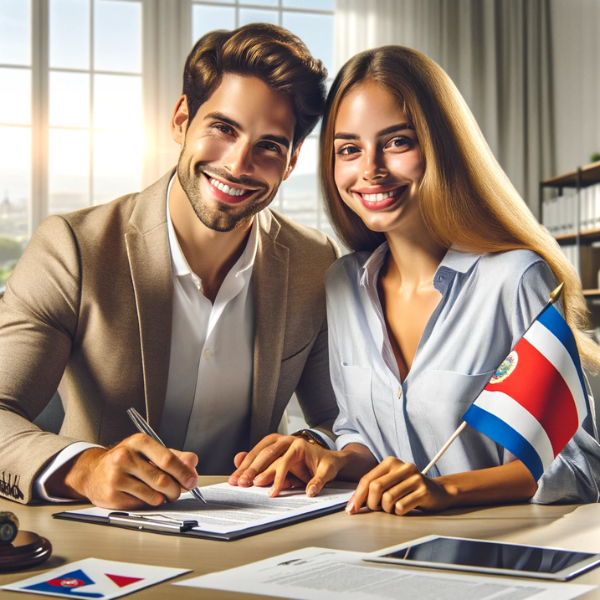 Una alegre y atractiva pareja costarricense, ambos elegantemente vestidos, firman un contrato de seguro en una oficina moderna y luminosa. La escena desprende calidez y tranquilidad, simbolizando la seguridad que proporciona un servicio de seguros de repatriación. Una sutil incorporación de la bandera de Costa Rica es esencial, posiblemente adornando un elemento de la mesa o como parte de la decoración de la oficina, mezclándose perfectamente con el entorno. La URL "https://www.segurodedecesos.top/" debe integrarse hábilmente en la escena, idealmente en el documento que se está firmando o expuesta de forma que complemente la estética general. La imagen debe transmitir un mensaje de tranquilidad para los costarricenses que viven en España.