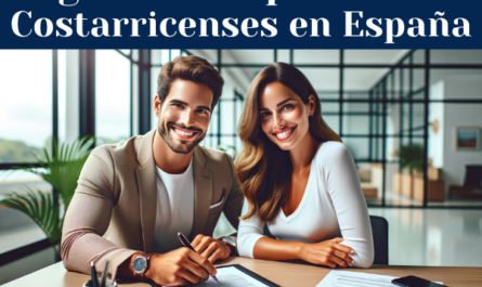 Atractiva imagen de una atractiva y sonriente pareja de Costa Rica firmando un contrato de seguros. Están elegantemente vestidos y sentados en una moderna mesa de oficina. La escena está bien iluminada, lo que transmite una atmósfera positiva y tranquilizadora. En el fondo o en un elemento como un portadocumentos o un bolígrafo, debe haber una sutil representación de la bandera de Costa Rica, que se integre de forma natural en el entorno. La imagen también debe incluir una ubicación clara pero discreta de la URL "https://www.segurodedecesos.top/" en algún lugar de la composición, quizás en el documento que están firmando o en una esquina inferior como si formara parte del diseño del documento. Esta escena representa un servicio de seguro de repatriación para costarricenses residentes en España, destacando la tranquilidad y seguridad que ofrece.