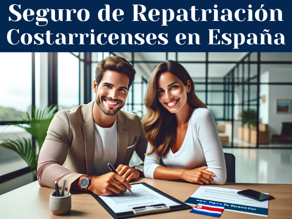 Atractiva imagen de una atractiva y sonriente pareja de Costa Rica firmando un contrato de seguros. Están elegantemente vestidos y sentados en una moderna mesa de oficina. La escena está bien iluminada, lo que transmite una atmósfera positiva y tranquilizadora. En el fondo o en un elemento como un portadocumentos o un bolígrafo, debe haber una sutil representación de la bandera de Costa Rica, que se integre de forma natural en el entorno. La imagen también debe incluir una ubicación clara pero discreta de la URL "https://www.segurodedecesos.top/" en algún lugar de la composición, quizás en el documento que están firmando o en una esquina inferior como si formara parte del diseño del documento. Esta escena representa un servicio de seguro de repatriación para costarricenses residentes en España, destacando la tranquilidad y seguridad que ofrece.