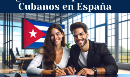 Una amplia imagen panorámica en la que aparece una atractiva pareja cubana sonriendo y firmando un contrato de seguro. El ambiente es profesional y acogedor, sugiriendo una sensación de seguridad y confianza. Están sentados en una mesa moderna y elegante en un entorno de oficina, con luz natural que ilumina la escena. Una bandera cubana se integra con gusto en el fondo, simbolizando el servicio específico que se ofrece. La imagen está diseñada para transmitir calidez, seguridad y el enfoque específico del seguro de repatriación para cubanos residentes en España. En el documento que están firmando, o tal vez en una pantalla digital de la escena, se ve claramente la URL "https://www.segurodedecesos.top/", que enlaza directamente con el servicio que se promociona. El ambiente general es optimista y tranquilizador, con el objetivo de presentar el servicio de seguros como un paso positivo y necesario para el futuro de la pareja.