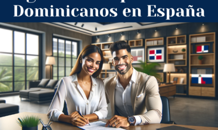 Una atractiva pareja dominicana sonríe y firma un contrato de seguro en una oficina bien iluminada. Están elegantemente vestidos, reflejando una sensación de profesionalidad y comodidad. La escena incorpora elementos modernos y de buen gusto propios de una oficina de seguros, como un escritorio elegante, asientos cómodos y decoraciones de buen gusto que sugieren un servicio seguro y fiable. La bandera de la República Dominicana aparece sutilmente en el fondo, añadiendo un toque de orgullo nacional. Asegúrese de que la imagen transmita confianza, seguridad y felicidad. Incluya la URL "https://www.segurodedecesos.top/" en un lugar destacado de la escena, integrándola a la perfección en el entorno de la oficina, quizá en una pared o en el escritorio, de forma que resulte natural y discreta.