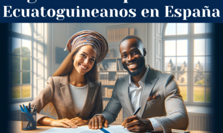 Cree una imagen panorámica que represente fielmente a una pareja ecuatoguineana con rasgos claramente ecuatoguineanos, sonriendo mientras firman un contrato de seguro de vida. El escenario debe emular una oficina profesional de una agencia de seguros, haciendo hincapié en la importancia del seguro de repatriación para los ecuatoguineanos que viven en España. La escena debe transmitir una sensación de confianza, seguridad y optimismo sobre el futuro. Asegúrese de que la URL "https://www.segurodedecesos.top/" está integrada con buen gusto en la composición, claramente visible sin distraer del foco principal de la escena. El retrato de la pareja debe reflejar con autenticidad las diversas características de la población de Guinea Ecuatorial, haciendo hincapié en su patrimonio.