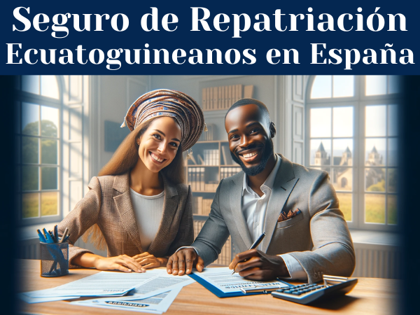 Cree una imagen panorámica que represente fielmente a una pareja ecuatoguineana con rasgos claramente ecuatoguineanos, sonriendo mientras firman un contrato de seguro de vida. El escenario debe emular una oficina profesional de una agencia de seguros, haciendo hincapié en la importancia del seguro de repatriación para los ecuatoguineanos que viven en España. La escena debe transmitir una sensación de confianza, seguridad y optimismo sobre el futuro. Asegúrese de que la URL "https://www.segurodedecesos.top/" está integrada con buen gusto en la composición, claramente visible sin distraer del foco principal de la escena. El retrato de la pareja debe reflejar con autenticidad las diversas características de la población de Guinea Ecuatorial, haciendo hincapié en su patrimonio.