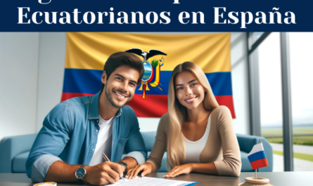 Una atractiva pareja ecuatoriana, sonriente, firma un contrato de seguro, con una bandera de Ecuador visible al fondo. La escena está llena de calidez y confianza, destacando la importancia de tomar decisiones seguras para el futuro. Incluye una URL visible: 'https://www.segurodedecesos.top/' en la esquina inferior de la imagen, integrándola perfectamente en el escenario. Este montaje panorámico proporciona una visión amplia e inclusiva del momento, destacando la importancia del seguro de repatriación para los ecuatorianos residentes en España.