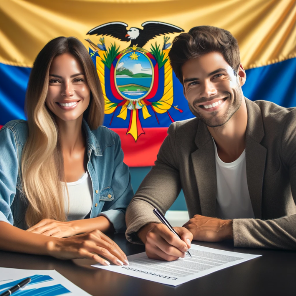 Una atractiva pareja ecuatoriana, sonriente, firma un contrato de seguro, con una bandera de Ecuador visible al fondo. La escena está llena de calidez y confianza, destacando la importancia de tomar decisiones seguras para el futuro. Incluye una URL visible: 'https://www.segurodedecesos.top/' en la esquina inferior de la imagen, integrándola perfectamente en el escenario. Este montaje panorámico proporciona una visión amplia e inclusiva del momento, destacando la importancia del seguro de repatriación para los ecuatorianos residentes en España.