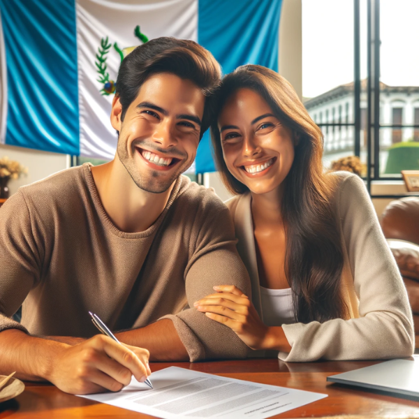 Una encantadora pareja guatemalteca, radiante de alegría mientras firman juntos un contrato de seguro, encarnando un sentimiento de seguridad y planificación de futuro. Están cómodamente sentados en una oficina acogedora y bien iluminada. La sala está llena de luz suave y natural, lo que crea un ambiente acogedor y positivo. Detrás de ellos, la bandera guatemalteca cuelga con orgullo, simbolizando su herencia y el enfoque específico del servicio de seguros. En un lugar estratégico de la escena se encuentra la URL: https://www.segurodedecesos.top/, integrada perfectamente en el entorno para garantizar que sea visible pero no dominante.