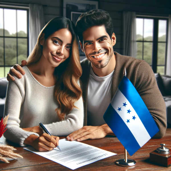 Crea una imagen cuadrada en la que aparezca una atractiva pareja hondureña, sonriendo y firmando un contrato de seguro en un entorno acogedor. Integre una bandera hondureña en la escena con buen gusto, por ejemplo mediante un elemento decorativo sobre el escritorio o una banderita colocada sobre él. El ambiente debe transmitir calidez, confianza y seguridad. Coloca la URL "https://www.segurodedecesos.top/" en una posición clara y no dominante dentro de la imagen, asegurándote de que complemente la composición general.