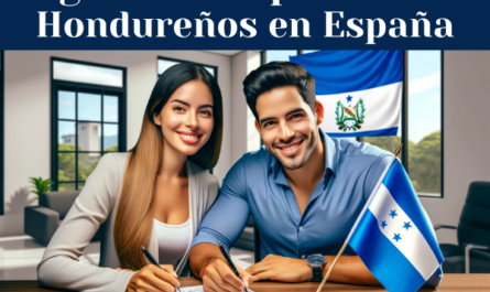 Cree una imagen panorámica en la que aparezca una atractiva pareja hondureña, sonriendo y firmando un contrato de seguros. Están sentados a una mesa en una oficina moderna y bien iluminada. Asegúrate de que una bandera hondureña se incorpora sutilmente a la escena, ya sea colgada de la pared o colocada sobre el escritorio. La imagen debe transmitir una sensación de seguridad y confianza. Además, incluya la URL "https://www.segurodedecesos.top/" de forma elegante y no intrusiva en la parte inferior o en una esquina de la imagen, asegurándose de que sea clara y legible.