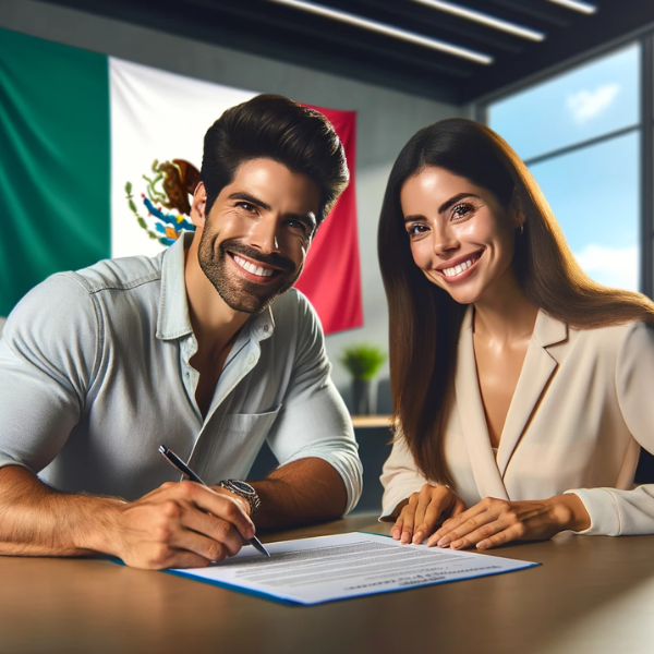 Una escena panorámica que muestra a una atractiva pareja mexicana, sonriendo mientras firman un contrato de seguros. El escenario es un entorno de oficina profesional, con una iluminación clara y natural. La pareja debe parecer feliz y tranquila por su decisión. En el fondo, se ve una bandera mexicana, sutilmente integrada en la decoración, quizá colgada en la pared o colocada sobre un escritorio. La escena transmite una sensación de seguridad y positividad. Incluye la URL "https://www.segurodedecesos.top/" en un lugar destacado de la imagen, asegurándote de que sea legible y se integre bien en la composición general.