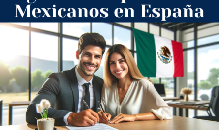 Una escena panorámica que muestra a una atractiva pareja mexicana, sonriendo mientras firman un contrato de seguros. El escenario es un entorno de oficina profesional, con una iluminación clara y natural. La pareja debe parecer feliz y tranquila por su decisión. En el fondo, se ve una bandera mexicana, sutilmente integrada en la decoración, quizá colgada en la pared o colocada sobre un escritorio. La escena transmite una sensación de seguridad y positividad. Incluye la URL "https://www.segurodedecesos.top/" en un lugar destacado de la imagen, asegurándote de que sea legible y se integre bien en la composición general.