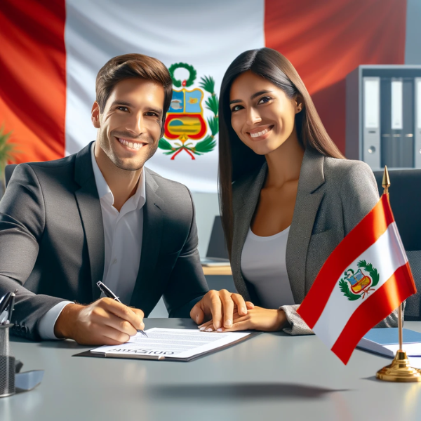 Una imagen visualmente atractiva que represente el concepto de 'Seguro de Repatriación para peruanos fallecidos o peruanas residentes en España'. La imagen debe mostrar a una pareja peruana sonriente y atractiva firmando un contrato de seguro. El entorno debe ser profesional pero acogedor, posiblemente una oficina o una zona de consulta cómoda. Asegúrese de que la bandera peruana esté sutilmente incorporada en el fondo o en un elemento dentro de la escena para indicar la nacionalidad de las personas. Incluya la URL 'https://www.segurodedecesos.top/' en la descripción de la imagen, colocada de forma no intrusiva pero visible.