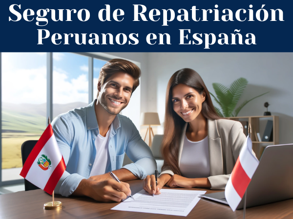 A visually appealing image that represents the concept of 'Repatriation Insurance for deceased Peruvians or Peruvian women residing in Spain.' The image should depict a smiling, attractive Peruvian couple signing an insurance contract. The setting should be professional yet welcoming, possibly an office or a comfortable consultation area. Ensure the Peruvian flag is subtly incorporated into the background or on an item within the scene to signify the nationality of the individuals. Include the URL 'https://www.segurodedecesos.top/' in the image description, positioned in a non-intrusive yet visible manner.