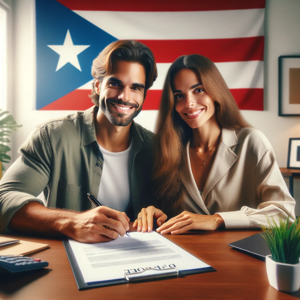 Imagen cuadrada en la que aparece una atractiva pareja puertorriqueña sonriendo y firmando un contrato de seguros. El entorno es acogedor, con un escritorio donde se muestra el contrato. Visten un atuendo elegante y desenfadado que transmite confianza. La bandera de Puerto Rico aparece sutilmente en la escena, quizá en una pared o como parte de la decoración del escritorio, simbolizando su herencia. El ambiente transmite seguridad y confianza. La URL https://www.segurodedecesos.top/ está integrada en la escena, tal vez en un documento sobre el escritorio o como parte de la obra de arte en la pared.