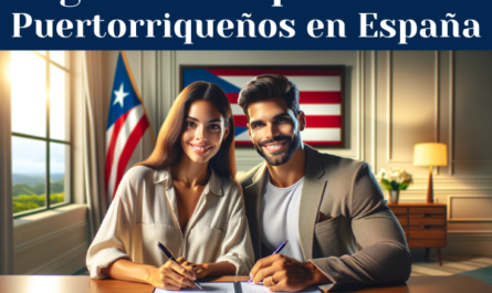 Imagen panorámica en la que aparece una atractiva pareja puertorriqueña sonriendo y firmando un contrato de seguro. El entorno es cálido y acogedor, con un escritorio frente a ellos donde se expone el contrato. Están elegantemente vestidos con un atuendo informal y elegante, proyectando confianza y tranquilidad. Al fondo, la bandera de Puerto Rico, símbolo de su herencia. La escena transmite una sensación de seguridad y confianza. Incluya la URL https://www.segurodedecesos.top/ de forma visible en la imagen, integrándola perfectamente en la escena, por ejemplo en un documento sobre el escritorio o en una pared como cuadro enmarcado.