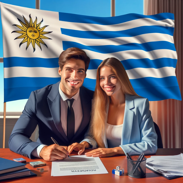 Cree una imagen cautivadora que muestre a una encantadora pareja uruguaya sonriendo y firmando un contrato de seguro, con la bandera uruguaya visiblemente presente en el fondo. El escenario es profesional, idealmente una oficina, donde se subraya la importancia de un contrato de seguro de repatriación para los uruguayos fallecidos que residen en España. La imagen debe transmitir confianza, seguridad y un futuro positivo. Por favor, integre el texto "https://www.segurodedecesos.top/" en la escena, asegurándose de que sea legible y encaje armoniosamente en la composición general, añadiendo a la narrativa sin eclipsar los elementos primarios.