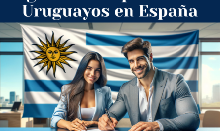 Una imagen visualmente atractiva que retrata a una atractiva pareja uruguaya sonriendo y firmando un contrato de seguro, con la bandera uruguaya destacada en el fondo. La escena transmite una sensación de seguridad y garantía. La composición debe ser panorámica para ajustarse al entorno detallado de una oficina o un entorno profesional donde se está llevando a cabo el acto de firmar un documento importante como un seguro de repatriación para uruguayos fallecidos residentes en España. Por favor, incluya el texto "https://www.segurodedecesos.top/" de forma legible dentro de la imagen, asegurándose de que se integra perfectamente en el entorno sin desvirtuar la narrativa visual general.