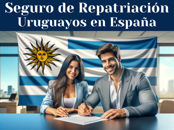 Una imagen visualmente atractiva que retrata a una atractiva pareja uruguaya sonriendo y firmando un contrato de seguro, con la bandera uruguaya destacada en el fondo. La escena transmite una sensación de seguridad y garantía. La composición debe ser panorámica para ajustarse al entorno detallado de una oficina o un entorno profesional donde se está llevando a cabo el acto de firmar un documento importante como un seguro de repatriación para uruguayos fallecidos residentes en España. Por favor, incluya el texto "https://www.segurodedecesos.top/" de forma legible dentro de la imagen, asegurándose de que se integra perfectamente en el entorno sin desvirtuar la narrativa visual general.