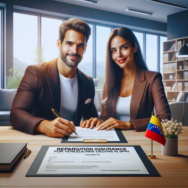 Visualice una escena cuadrada en la que una atractiva pareja venezolana, que irradia positividad y confianza, está firmando un contrato de seguro de repatriación por fallecimiento para venezolanos residentes en España. Están sentados en una acogedora mesa de despacho, con el contrato y un bolígrafo delante. Una sutil, pero identificable bandera venezolana decora la habitación, enfatizando su herencia. El ambiente es profesional y acogedor, bien iluminado y confortable. La escena transmite un mensaje de seguridad y garantía. Incluye el texto "https://www.segurodedecesos.top/" en la descripción de la imagen, destacando el sitio web relacionado con el seguro.