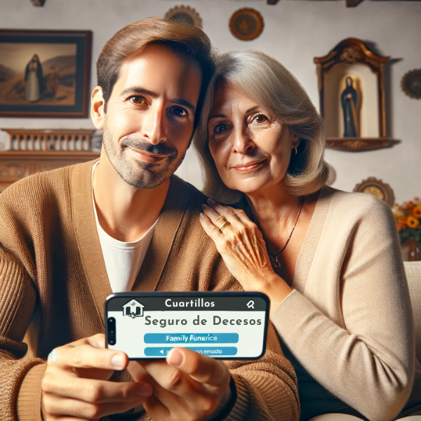 Imagen cuadrada de una atractiva pareja andaluza, de entre 35 y 55 años, en un entorno que refleja su origen de Cuartillos, una pedanía de Jerez de la Frontera, Cádiz. Están usando juntos un teléfono móvil, probablemente navegando o solicitando una cotización para un seguro funerario familiar. En la escena se incluye la URL https://www.segurodedecesos.top/ visible. La ambientación puede incluir elementos propios de un hogar andaluz, como colores cálidos y una decoración tradicional.