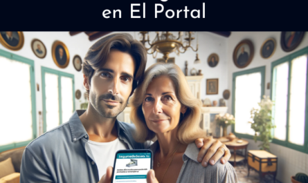 Imagen cuadrada de una atractiva pareja, de entre 35 y 55 años, de rasgos andaluces. Sostienen un teléfono móvil y lo utilizan para solicitar una cotización de seguro funerario para su familia. La escena está ambientada en El Portal, un distrito de Jerez de la Frontera, Cádiz, España. El fondo puede mostrar elementos propios de un acogedor hogar español. La imagen incluye una URL visible: https://www.segurodedecesos.top/. La expresión de la pareja es concentrada pero tranquila, lo que refleja la importancia de su tarea.