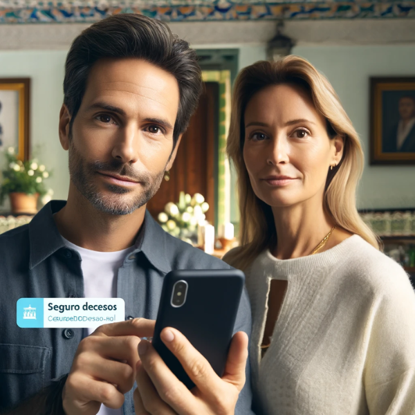 Imagen cuadrada de una atractiva pareja, de entre 35 y 55 años, de rasgos andaluces. Sostienen un teléfono móvil y lo utilizan para solicitar una cotización de seguro funerario para su familia. La escena está ambientada en El Portal, un distrito de Jerez de la Frontera, Cádiz, España. El fondo puede mostrar elementos propios de un acogedor hogar español. La imagen incluye una URL visible: https://www.segurodedecesos.top/. La expresión de la pareja es concentrada pero tranquila, lo que refleja la importancia de su tarea.