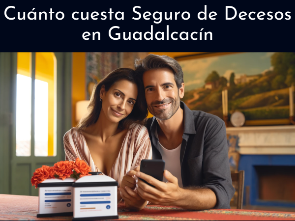 Imagen cuadrada de una atractiva pareja, de 35 a 55 años, de rasgos andaluces, de Guadalcacín, Pedanía de Jerez de la Fra., Cádiz. Están utilizando juntos un teléfono móvil para solicitar un presupuesto para un plan de seguro funerario familiar. La escena incluye una URL visible: https://www.segurodedecesos.top/. El entorno refleja el interior de una casa típica andaluza, con colores brillantes y decoración tradicional, enfatizando el trasfondo cultural de la pareja.