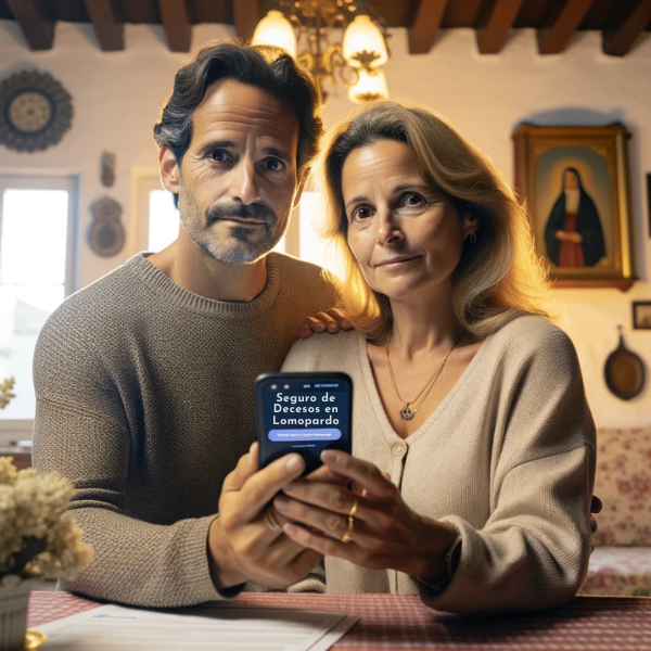 Imagen cuadrada de una atractiva pareja, de entre 35 y 55 años, de rasgos andaluces, en un ambiente doméstico. Sostienen juntos un teléfono móvil y buscan solicitar una cotización de seguro funerario para su familia. El escenario es Lomopardo, una pedanía cercana a Jerez de la Frontera, Cádiz. El fondo de su casa incluye una decoración típica española. La imagen incluye una URL visible: https://www.segurodedecesos.top/. El ambiente es tranquilo y sereno, reflejando un momento de reflexiva toma de decisiones.