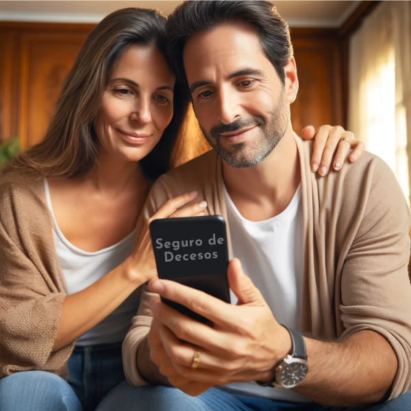 Una pareja atractiva, de 35 a 55 años, con rasgos andaluces, en un ambiente doméstico. Están sosteniendo juntos un teléfono móvil, mirando la pantalla, posiblemente solicitando una cotización de seguro funerario para su familia. En la escena se muestra visiblemente la URL: https://www.segurodedecesos.top/. El escenario es su casa en Los Barrios, Cádiz, España, lo que sugiere un ambiente cálido y confortable típico de una casa familiar.