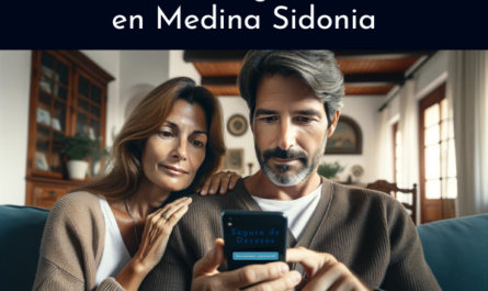 Atractivo matrimonio, de 35 a 55 años, con rasgos andaluces, de Medina Sidonia, Cádiz. Están usando juntos un teléfono móvil, mirando la pantalla, presumiblemente solicitando un presupuesto para un seguro de decesos familiar. La escena captura un momento de la vida cotidiana en el hogar, con una decoración interior que sugiere un hogar español cómodo y moderno. La imagen incluye la URL: https://www.segurodedecesos.top/ mostrada de manera destacada, lo que refleja su enfoque en la tarea.