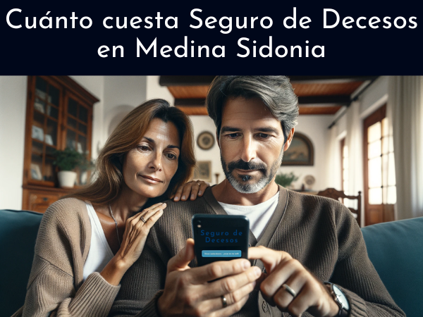 Atractivo matrimonio, de 35 a 55 años, con rasgos andaluces, de Medina Sidonia, Cádiz. Están usando juntos un teléfono móvil, mirando la pantalla, presumiblemente solicitando un presupuesto para un seguro de decesos familiar. La escena captura un momento de la vida cotidiana en el hogar, con una decoración interior que sugiere un hogar español cómodo y moderno. La imagen incluye la URL: https://www.segurodedecesos.top/ mostrada de manera destacada, lo que refleja su enfoque en la tarea.