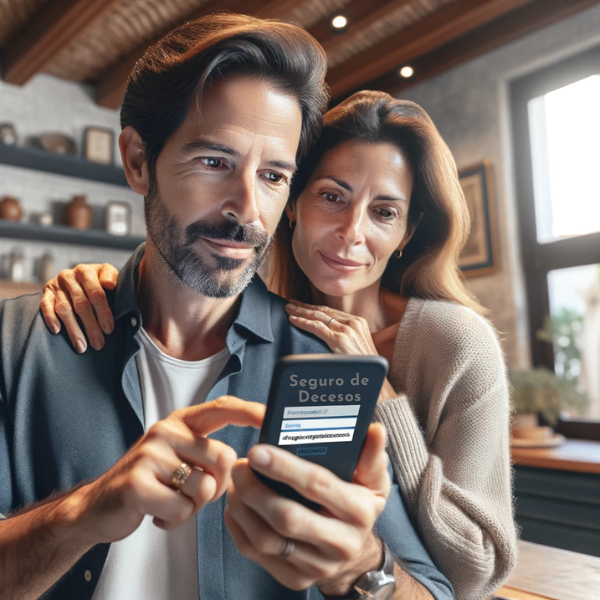 Atractivo matrimonio, de 35 a 55 años, con rasgos andaluces, de Medina Sidonia, Cádiz. Están usando juntos un teléfono móvil, mirando la pantalla, presumiblemente solicitando un presupuesto para un seguro de decesos familiar. La escena captura un momento de la vida cotidiana en el hogar, con una decoración interior que sugiere un hogar español cómodo y moderno. La imagen incluye la URL: https://www.segurodedecesos.top/ mostrada de manera destacada, lo que refleja su enfoque en la tarea.