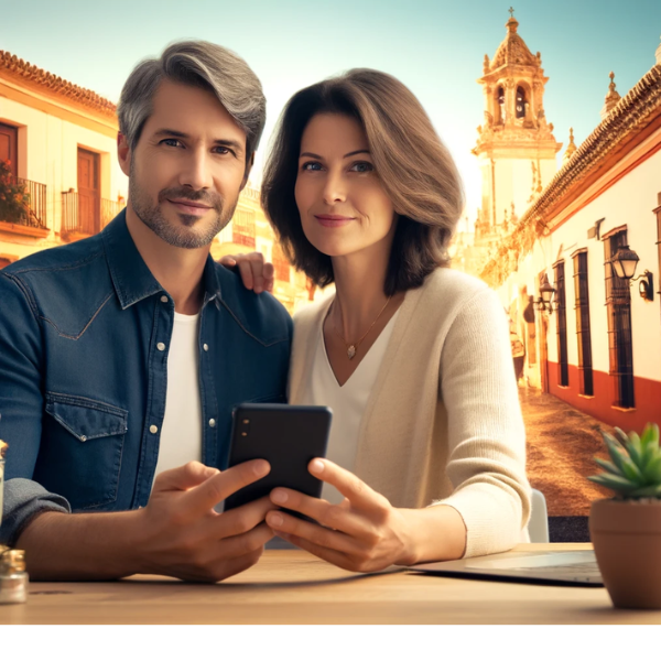 Imagen cuadrada protagonizada por una atractiva pareja, de entre 35 y 55 años, de rasgos andaluces. Están utilizando un teléfono móvil para solicitar una cotización de seguro funerario para su familia. El escenario está en Mesa de Asta, un distrito de Jerez de la Frontera, Cádiz, España. La imagen incluye una URL visible: https://www.segurodedecesos.top/. El fondo refleja un ambiente típico andaluz, posiblemente mostrando elementos de su hogar o un entorno local que resuena con la estética de la región.