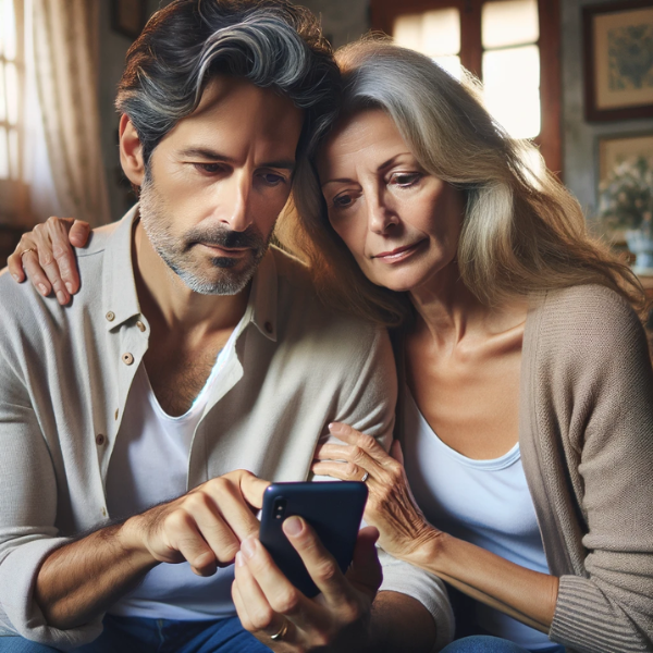 Atractiva pareja de 35 a 55 años con rasgos andaluces, de Trebujena, Cádiz, España. Sostienen un teléfono móvil y lo miran juntos mientras solicitan una cotización de seguro funerario para su familia. El entorno es acogedor, lo que sugiere un ambiente hogareño. Incluye una URL visible en la imagen: https://www.segurodedecesos.top/. La imagen capta un momento de seriedad e intimidad, con un fondo suave que incluye elementos de un hogar típico español.