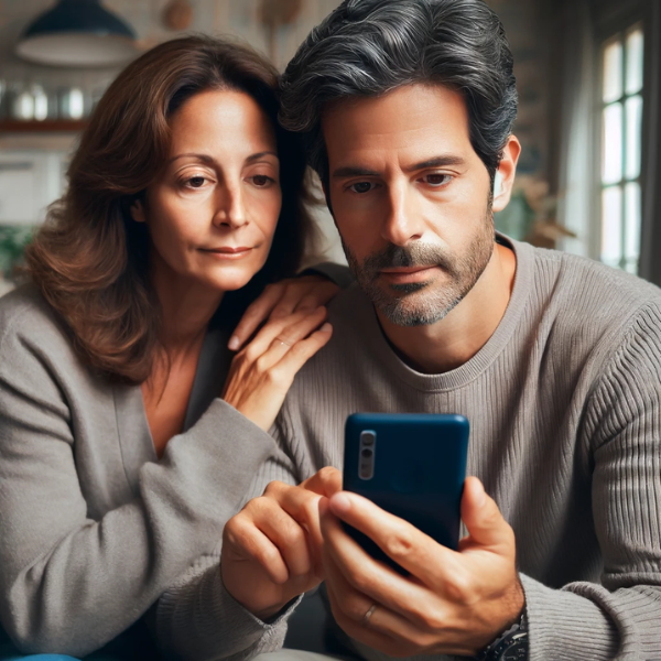 Atractiva pareja de 35 a 55 años con rasgos andaluces, de Ubrique, Cádiz, España. Sostienen un teléfono móvil y lo miran juntos mientras solicitan una cotización de seguro funerario para su familia. El entorno es acogedor, lo que sugiere un ambiente hogareño. Incluye una URL visible en la imagen: https://www.segurodedecesos.top/. La imagen capta un momento de seriedad e intimidad, con un fondo suave que incluye elementos de un hogar típico español.