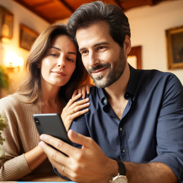 Una atractiva pareja, de entre 35 y 55 años, con rasgos andaluces, en un entorno que sugiere su hogar en Villamartín, provincia de Cádiz. Están usando juntos un teléfono móvil para solicitar un presupuesto para un seguro de decesos familiar. La imagen incluye una URL visible: https://www.segurodedecesos.top/. La escena captura un interior típico español con elementos que reflejan su cultura local, como una decoración tradicional y una iluminación cálida.