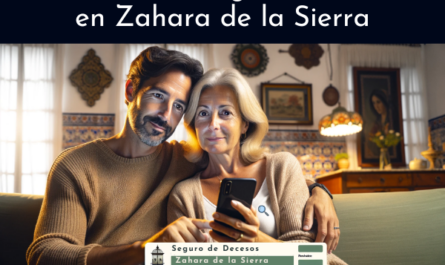 Una atractiva pareja, de entre 35 y 55 años, con rasgos andaluces, en un entorno que sugiere su hogar en Zahara de la Sierra, provincia de Cádiz. Están usando juntos un teléfono móvil para solicitar un presupuesto para un seguro de decesos familiar. La imagen incluye una URL visible: https://www.segurodedecesos.top/. La escena captura un interior típico español con elementos que reflejan su cultura local, como una decoración tradicional y una iluminación cálida.